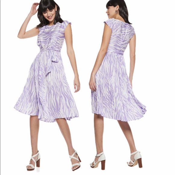 Nine West Lilac Zebra Pleated Midi Dress Size Large NWT - Picture 1 of 9